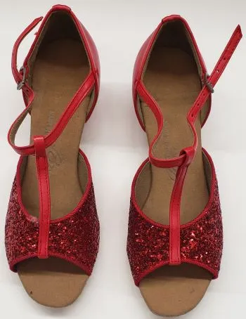 1.33" Ruby -- Girl's Block Heel Latin Sandal -- Red Glitter