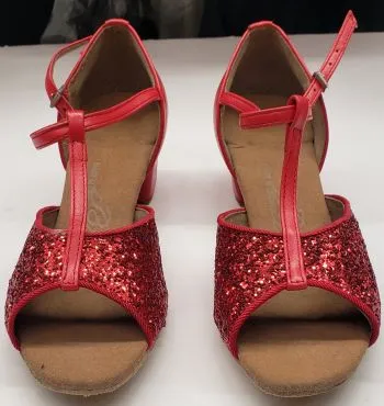 1.33" Ruby -- Girl's Block Heel Latin Sandal -- Red Glitter