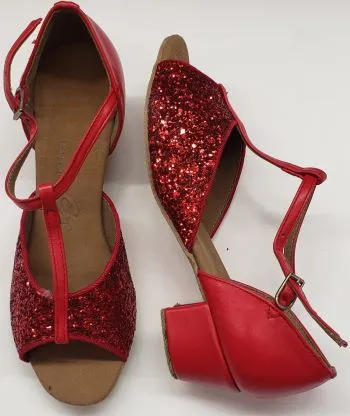 1.33" Ruby -- Girl's Block Heel Latin Sandal -- Red Glitter