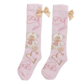 A DEE - Abstract Teddy Sloane Teddy Print Knee High Socks - Baby Pink