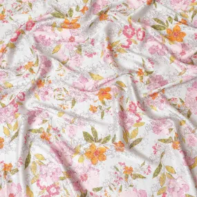 Abalone grey premium pure silk satin fabric with orange, baby pink and mustard green print having rose pink film metallic in floral design-D9417