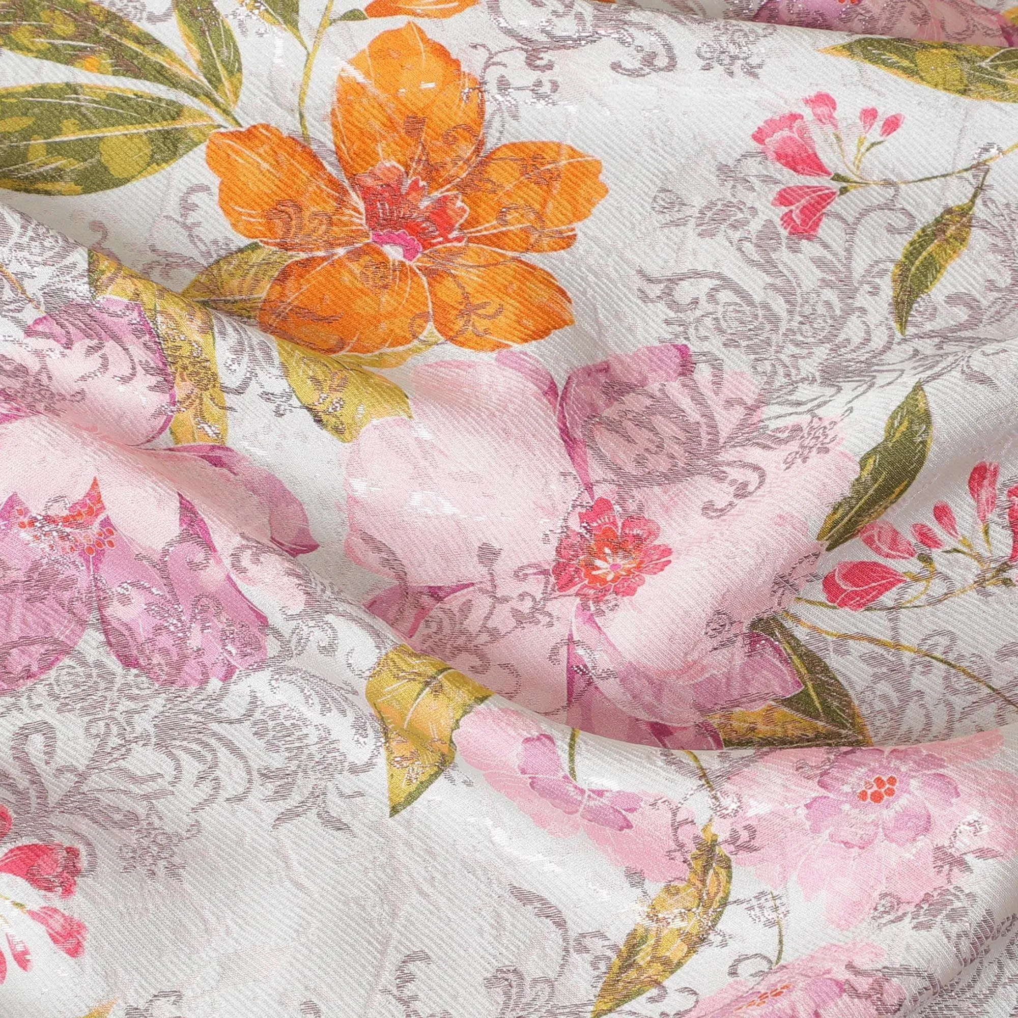 Abalone grey premium pure silk satin fabric with orange, baby pink and mustard green print having rose pink film metallic in floral design-D9417