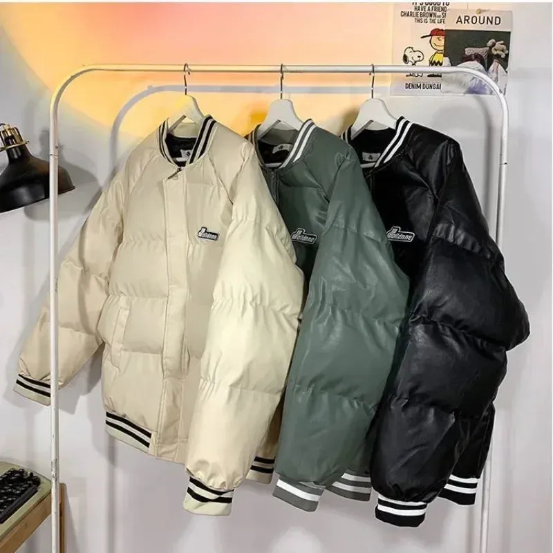 Aidase American Baseball Uniform PU Bomber Jacket Hip Hop Thickened Stand Collar Parkas Loose Versatile Couple Winter Coat