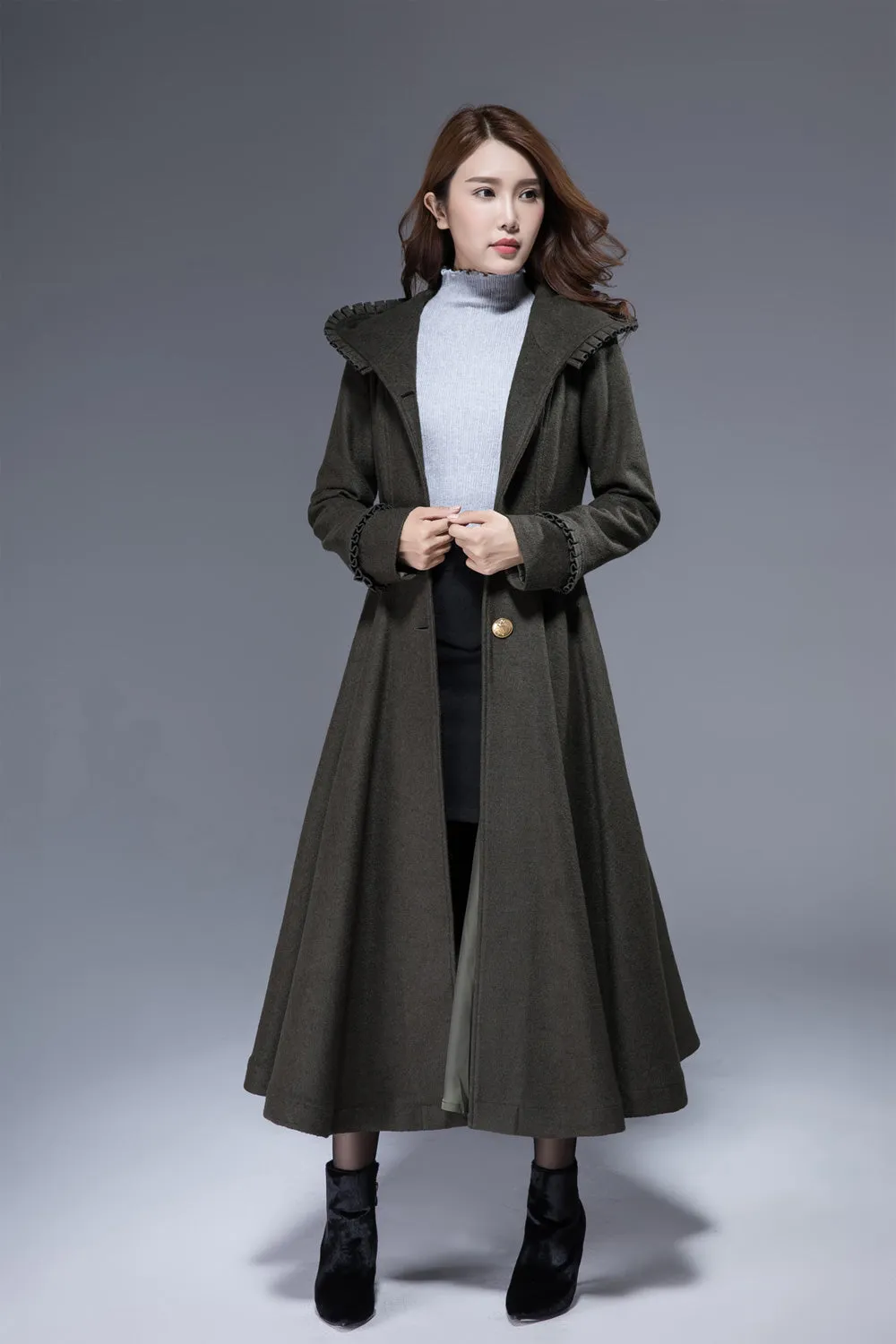 Army green fit and flare coat romantic wool coat 1823#