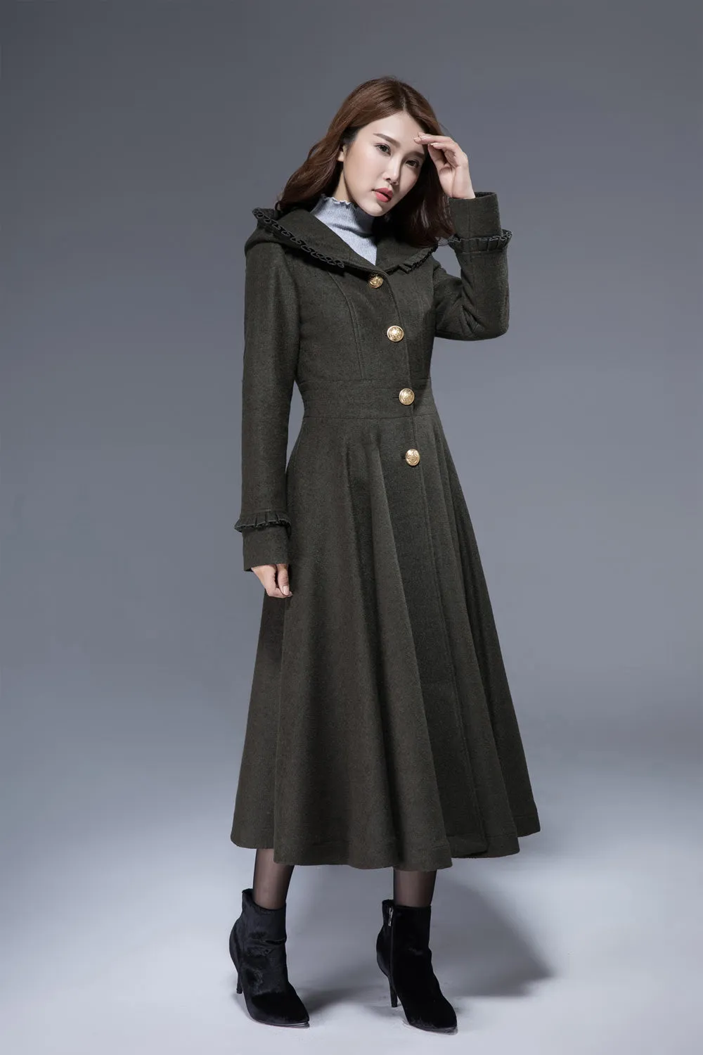 Army green fit and flare coat romantic wool coat 1823#