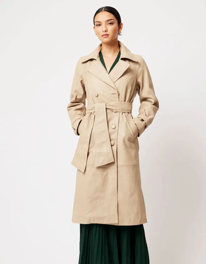 Astra Reglan Sleeve Leather Trench Coat Oatmeal