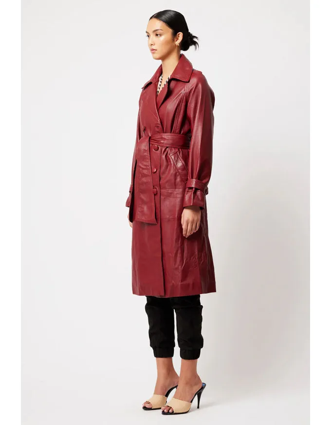 Astra Reglan Sleeve Leather Trench Coat Scarlet