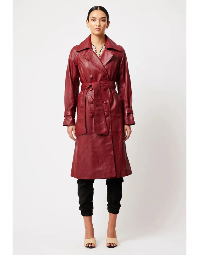 Astra Reglan Sleeve Leather Trench Coat Scarlet