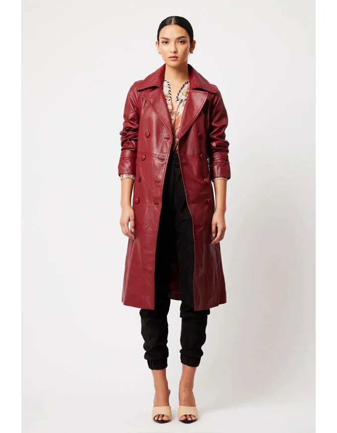 Astra Reglan Sleeve Leather Trench Coat Scarlet