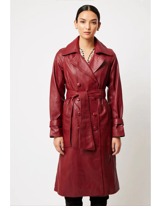 Astra Reglan Sleeve Leather Trench Coat Scarlet