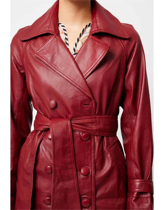 Astra Reglan Sleeve Leather Trench Coat Scarlet