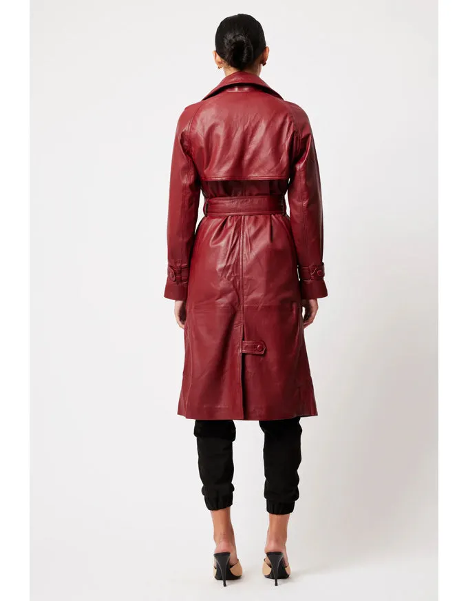 Astra Reglan Sleeve Leather Trench Coat Scarlet