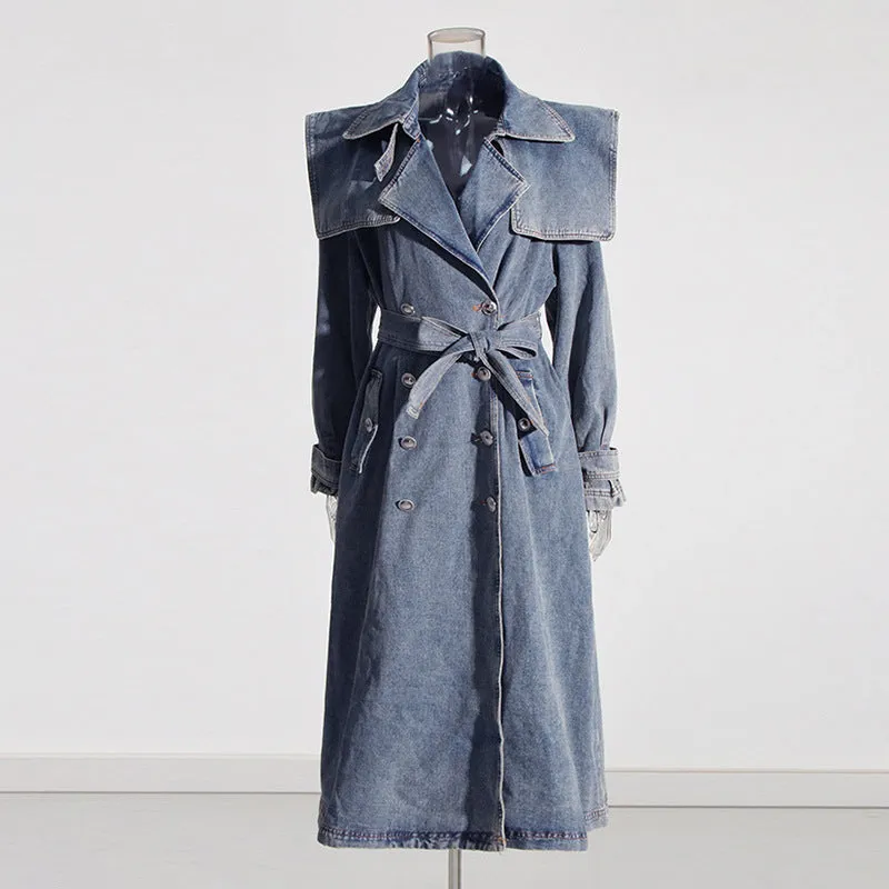 Autumn Elegant Women Clothing Denim Trench Coat Polo Collar Lace up