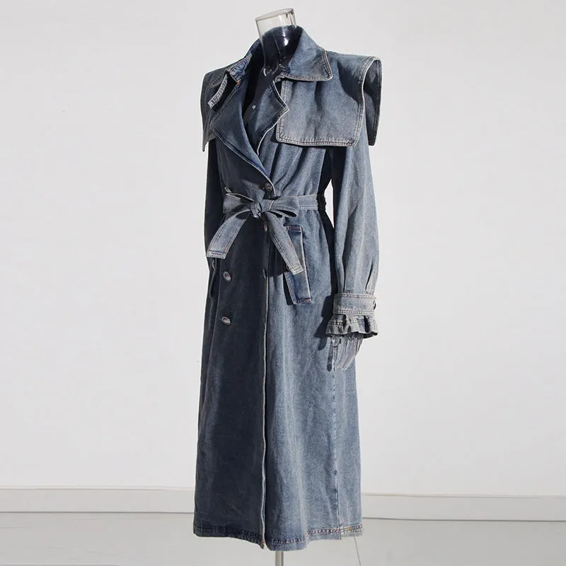 Autumn Elegant Women Clothing Denim Trench Coat Polo Collar Lace up