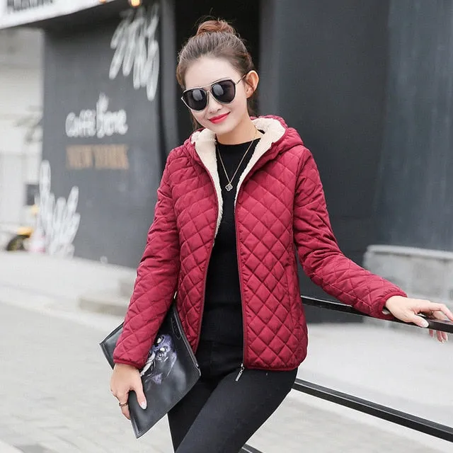 Autumn New Parkas basic jackets Female Women Winter plus velvet lamb hooded