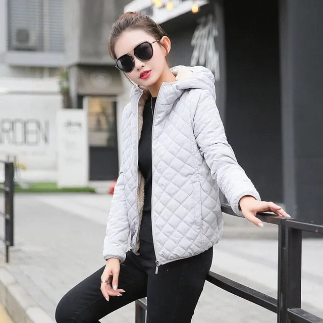 Autumn New Parkas basic jackets Female Women Winter plus velvet lamb hooded