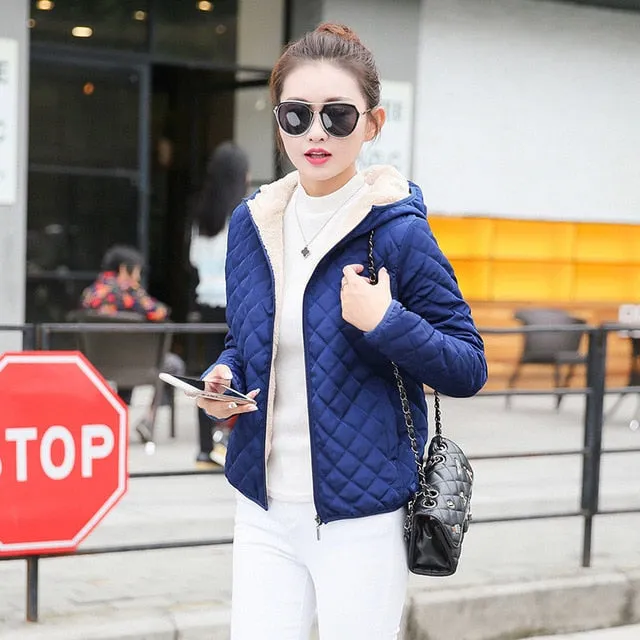 Autumn New Parkas basic jackets Female Women Winter plus velvet lamb hooded