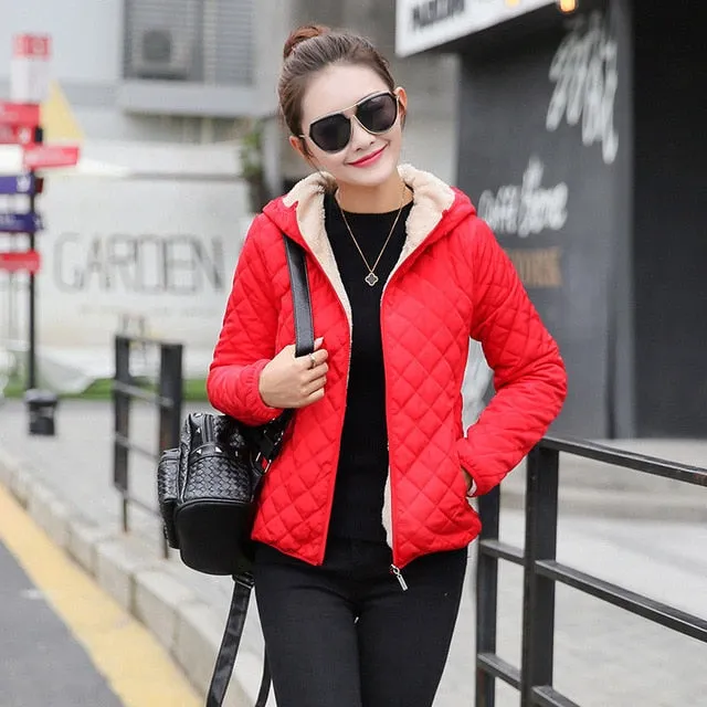 Autumn New Parkas basic jackets Female Women Winter plus velvet lamb hooded