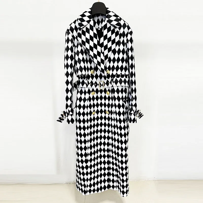 Autumn Winter Black White Diamond Grid Belt Long Trench Coat