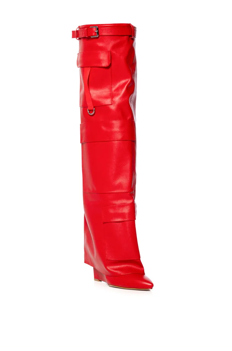 AZALEA WANG ALEXIA FOLD OVER WEDGE BOOT IN RED