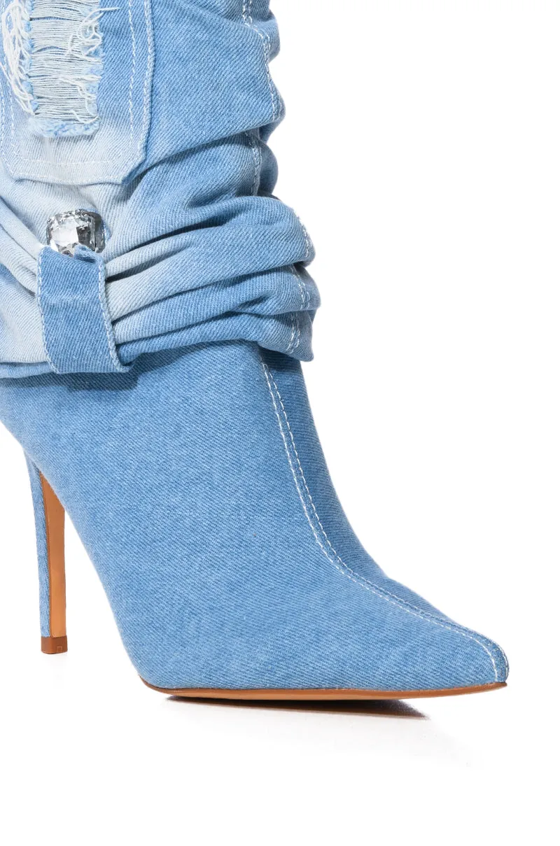 AZALEA WANG EMPOWERED EMBELLISHED FOLDOVER BOOTIE IN DENIM