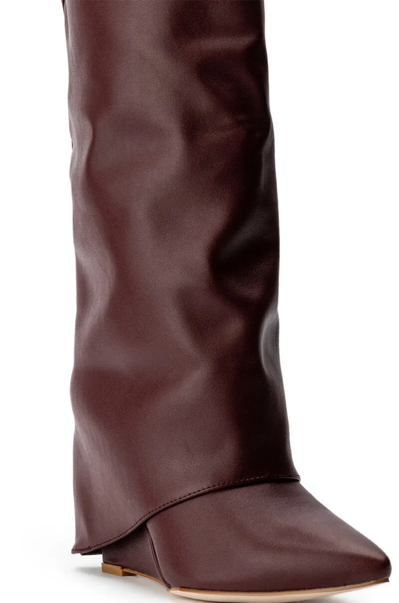 AZALEA WANG MELINA FOLD OVER WEDGE BOOT IN BURGUNDY