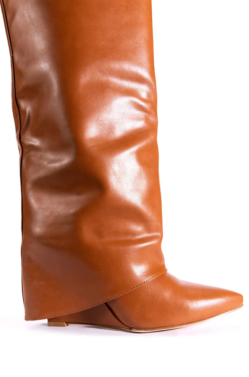 AZALEA WANG MELINA FOLD OVER WEDGE BOOT IN TAN