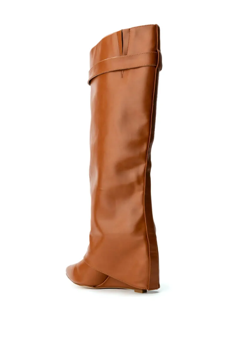 AZALEA WANG MELINA FOLD OVER WEDGE BOOT IN TAN