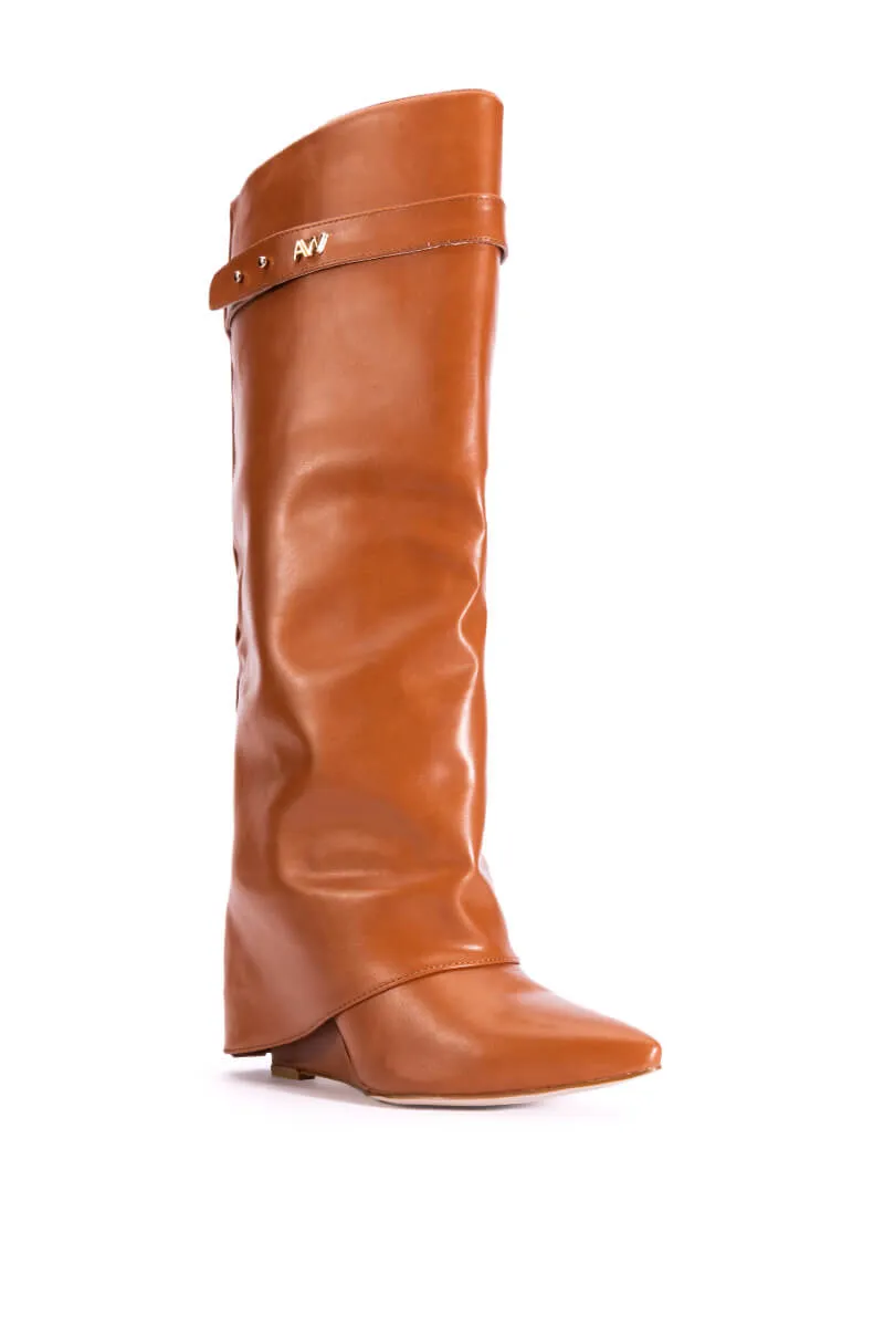 AZALEA WANG MELINA FOLD OVER WEDGE BOOT IN TAN