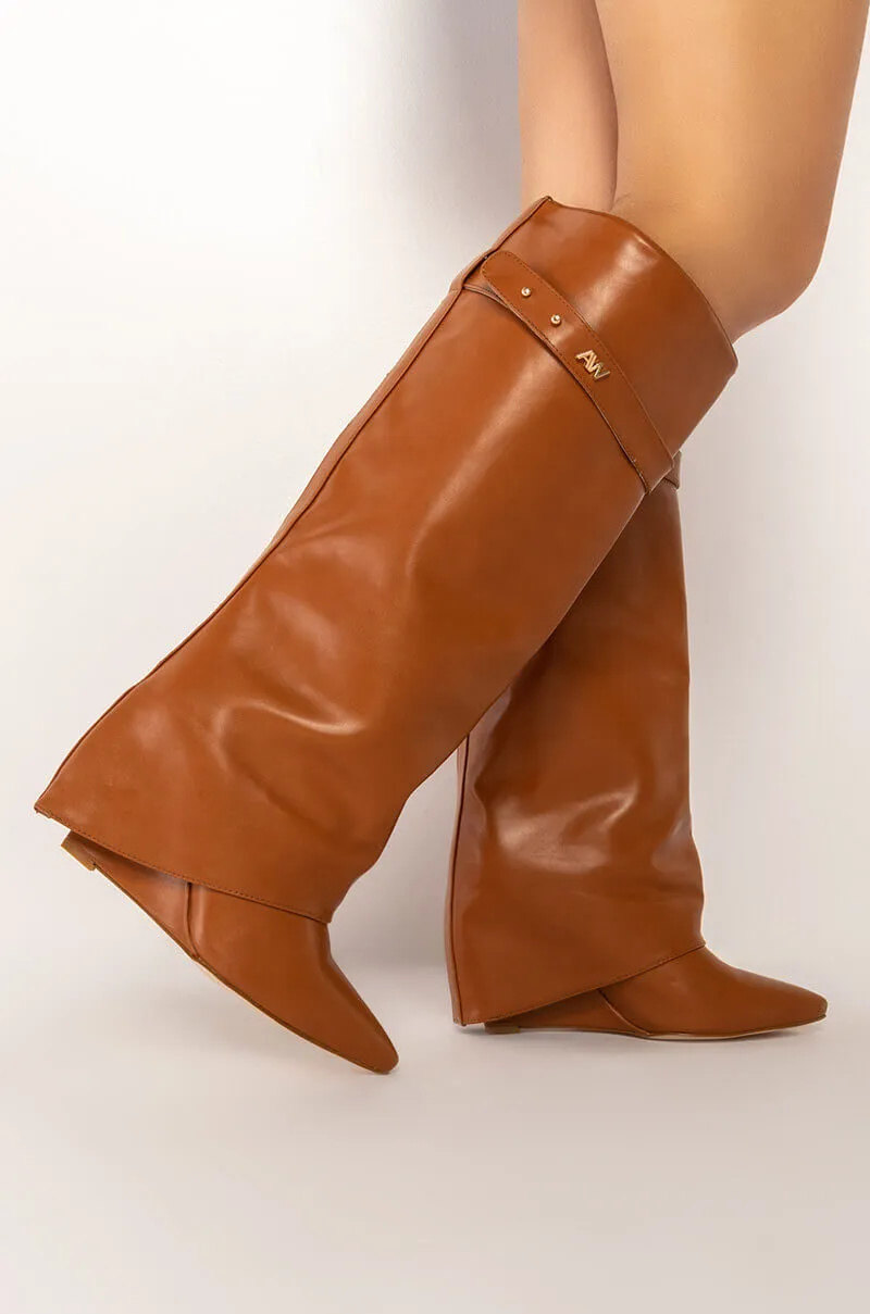 AZALEA WANG MELINA FOLD OVER WEDGE BOOT IN TAN