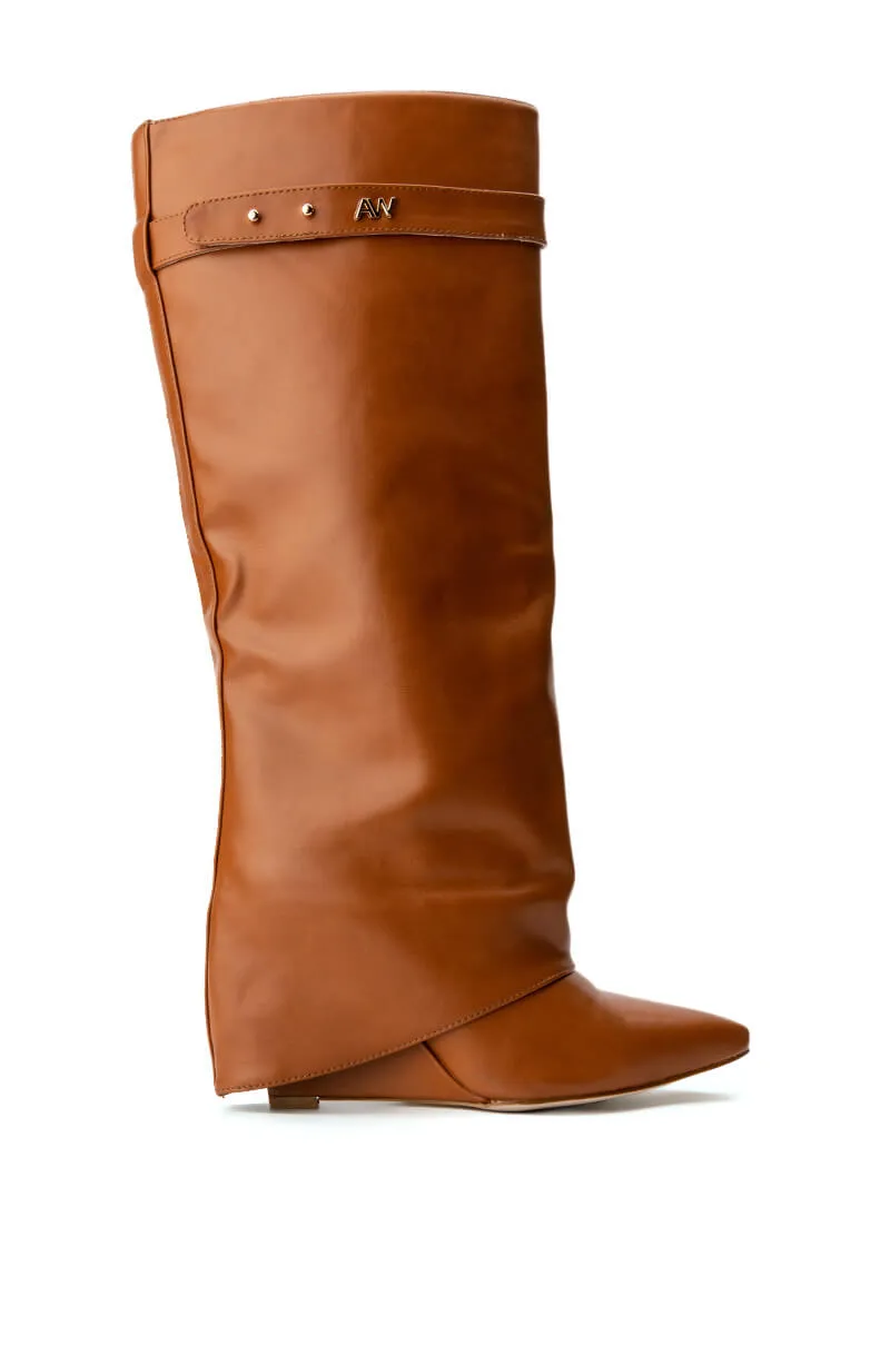 AZALEA WANG MELINA FOLD OVER WEDGE BOOT IN TAN