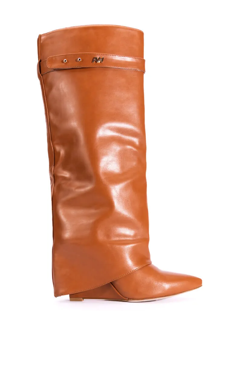 AZALEA WANG MELINA FOLD OVER WEDGE BOOT IN TAN