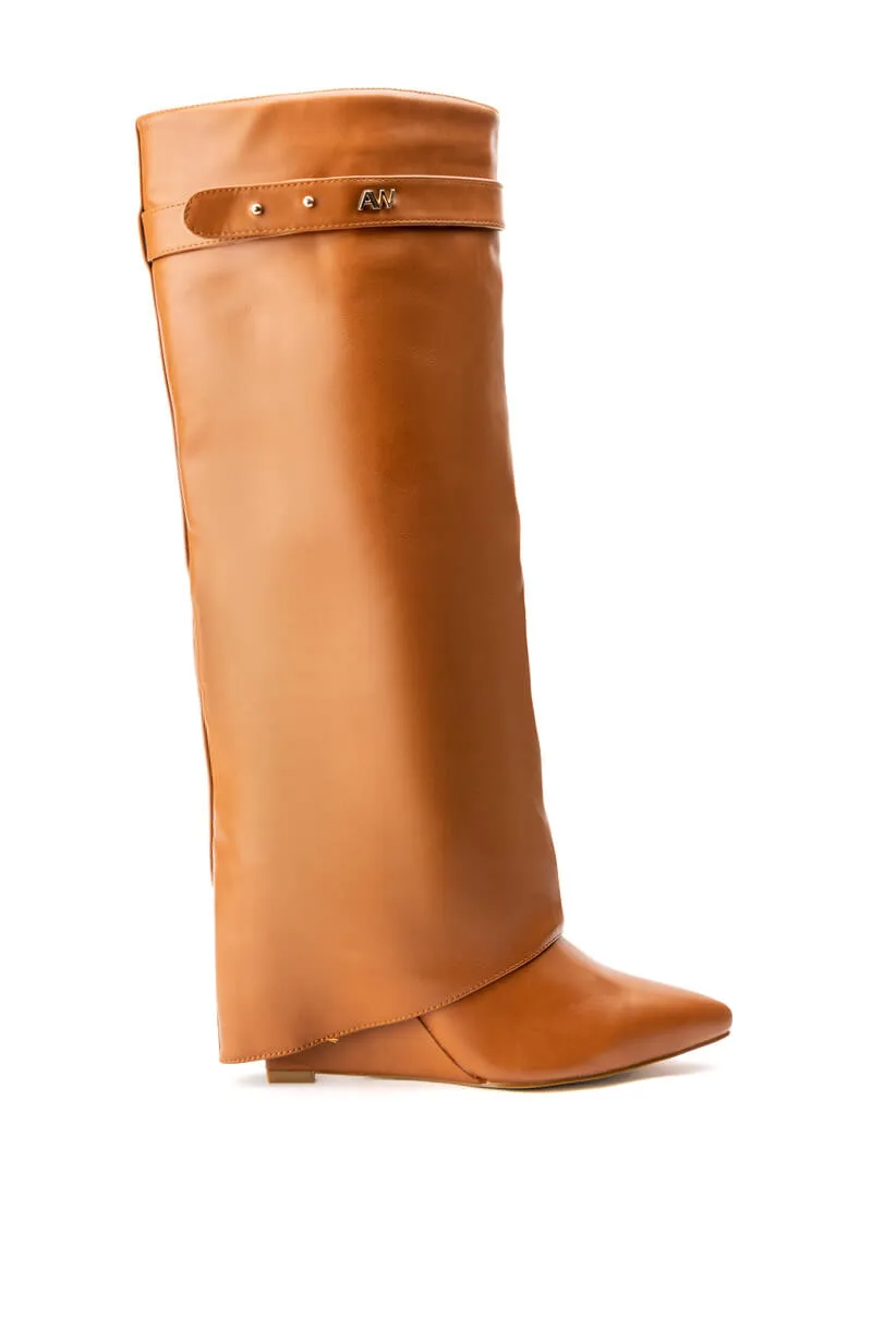 AZALEA WANG MELINA FOLD OVER WEDGE BOOT IN TAN