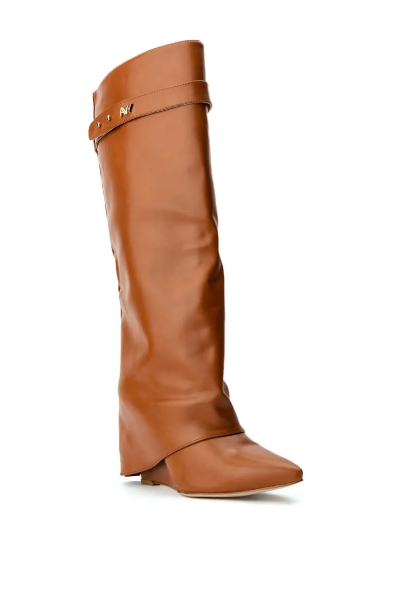 AZALEA WANG MELINA FOLD OVER WEDGE BOOT IN TAN