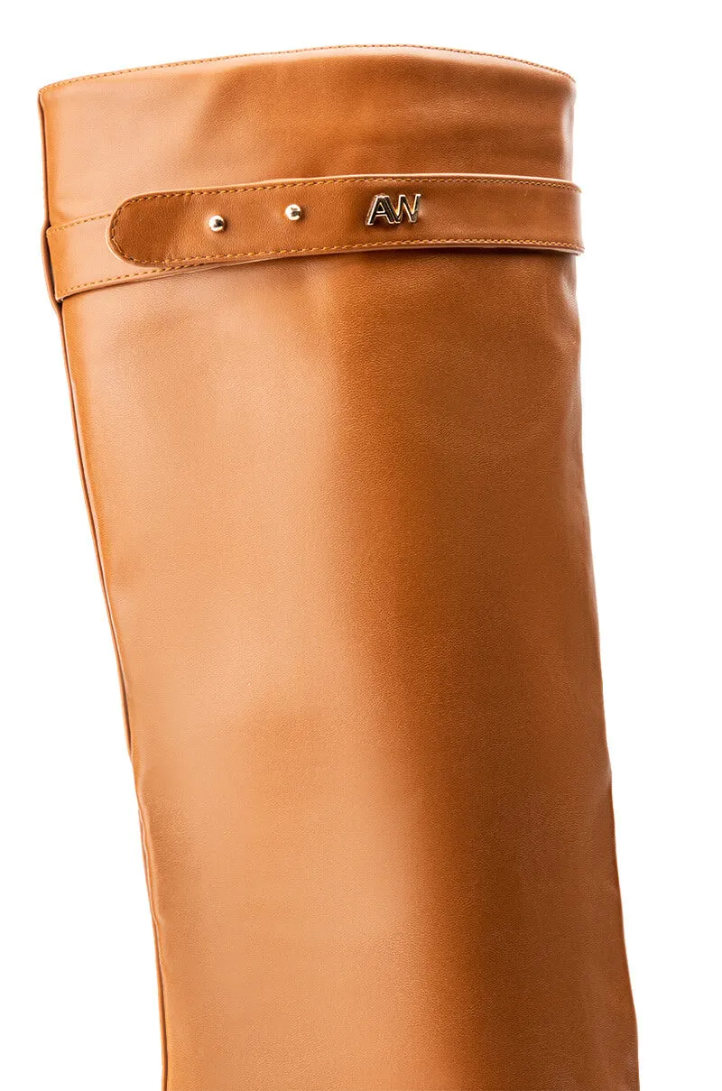 AZALEA WANG MELINA FOLD OVER WEDGE BOOT IN TAN