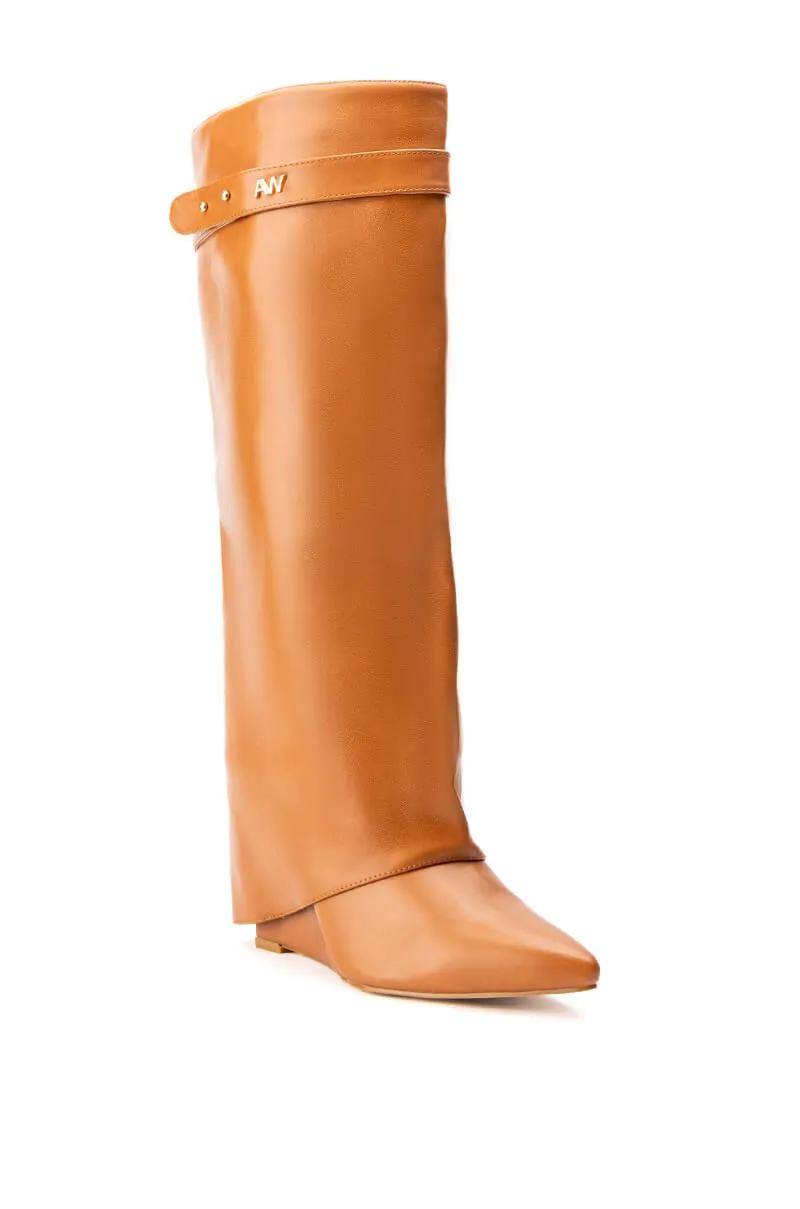 AZALEA WANG MELINA FOLD OVER WEDGE BOOT IN TAN