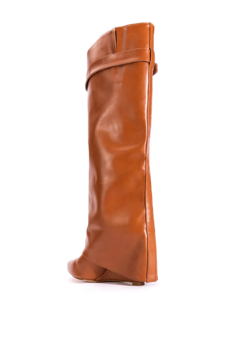 AZALEA WANG MELINA FOLD OVER WEDGE BOOT IN TAN