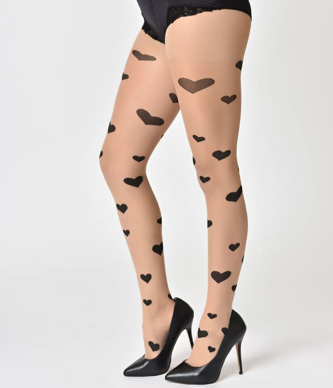 Beige & Black Heart Pantyhose