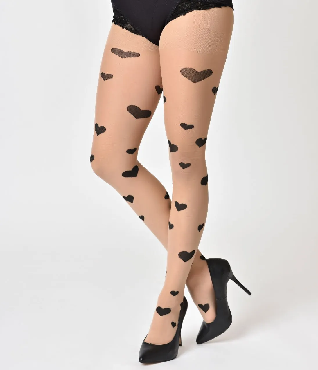 Beige & Black Heart Pantyhose