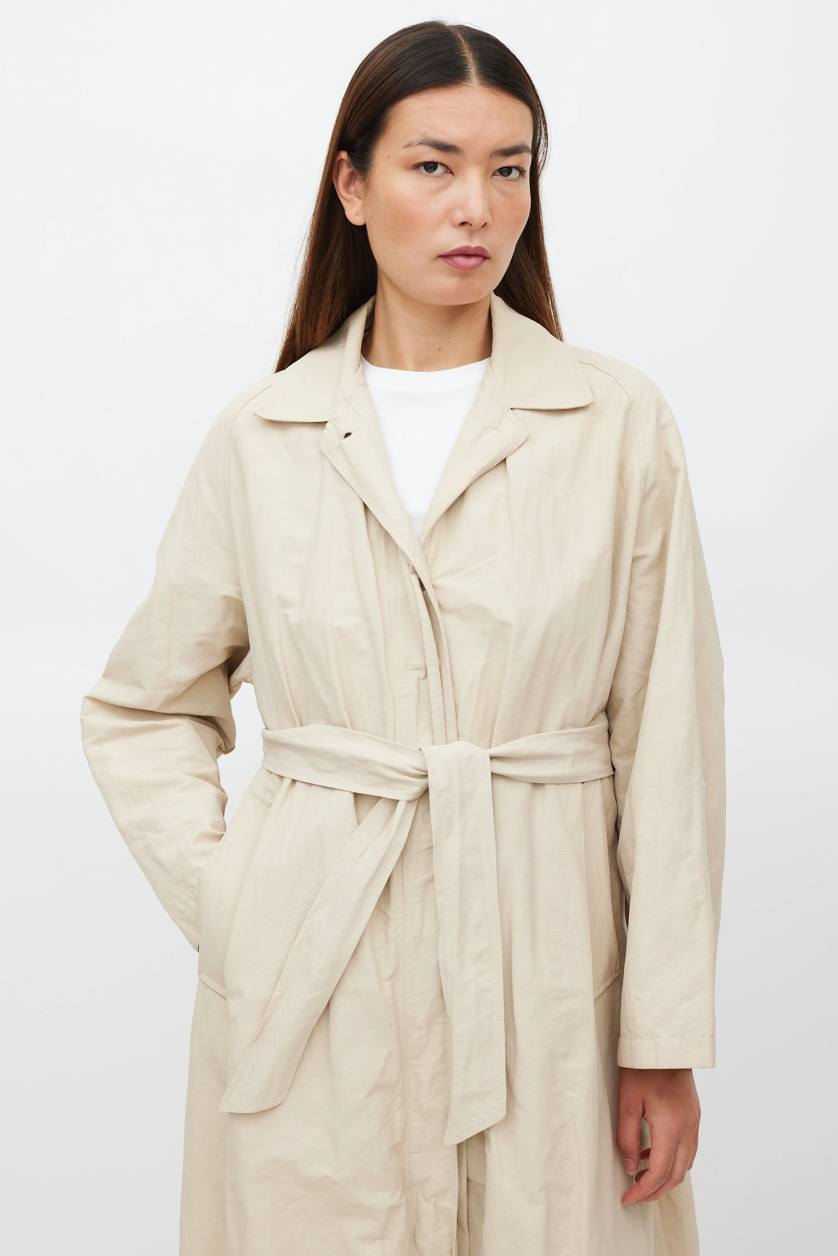 Beige Belted Two Pocket Trench Coat