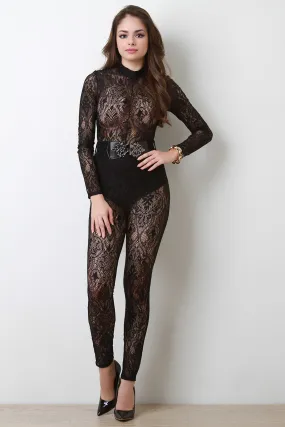 Belted Long Sleeve Lace Jumpsuit