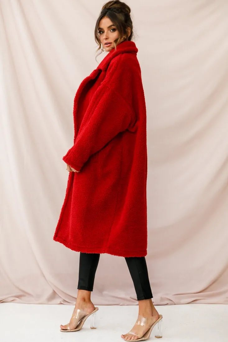 Berlin Notched Lapel Longline Fleece Coat Red