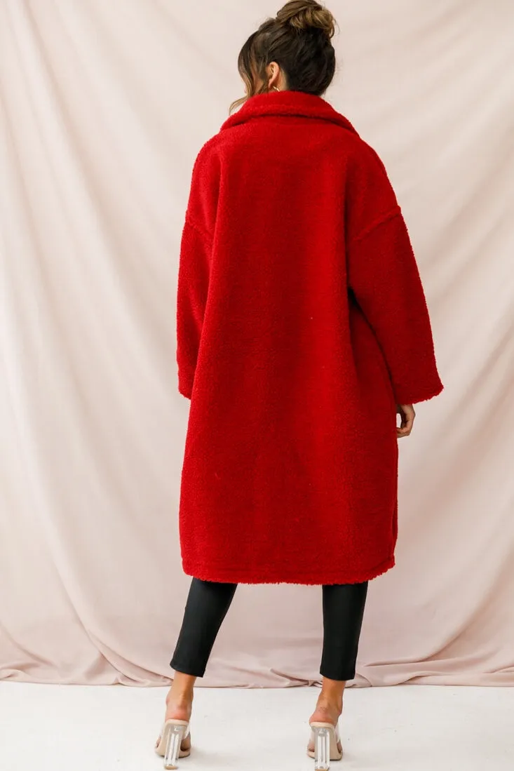 Berlin Notched Lapel Longline Fleece Coat Red