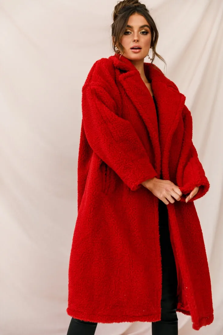 Berlin Notched Lapel Longline Fleece Coat Red