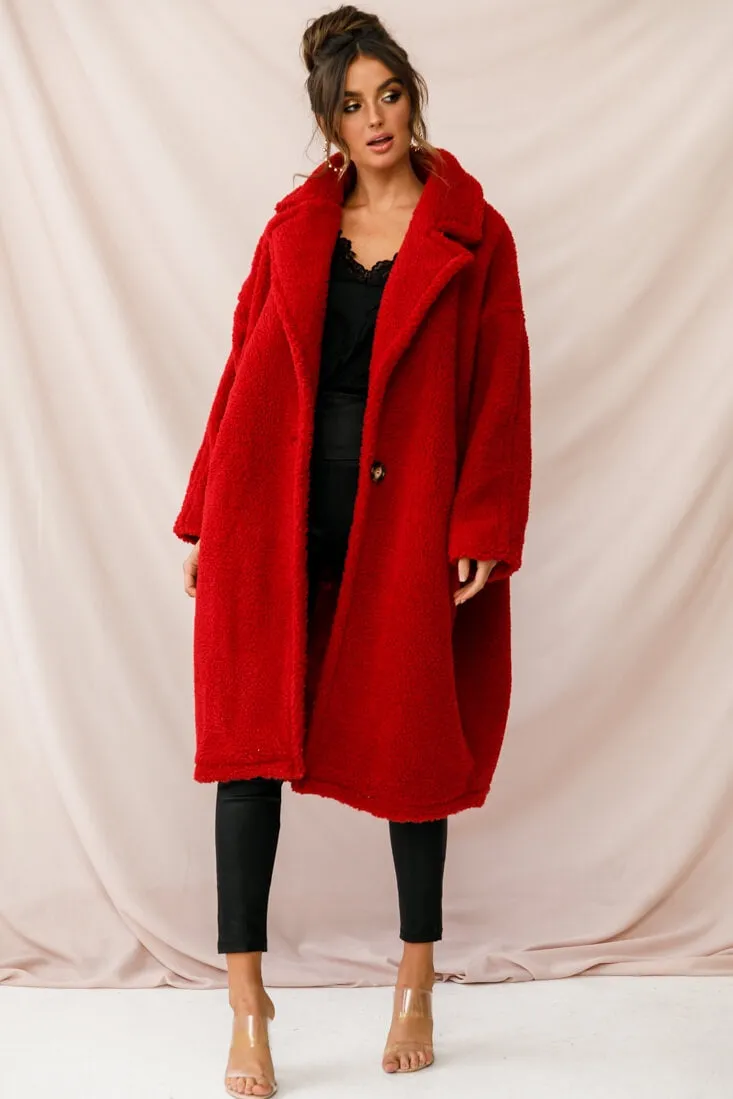 Berlin Notched Lapel Longline Fleece Coat Red