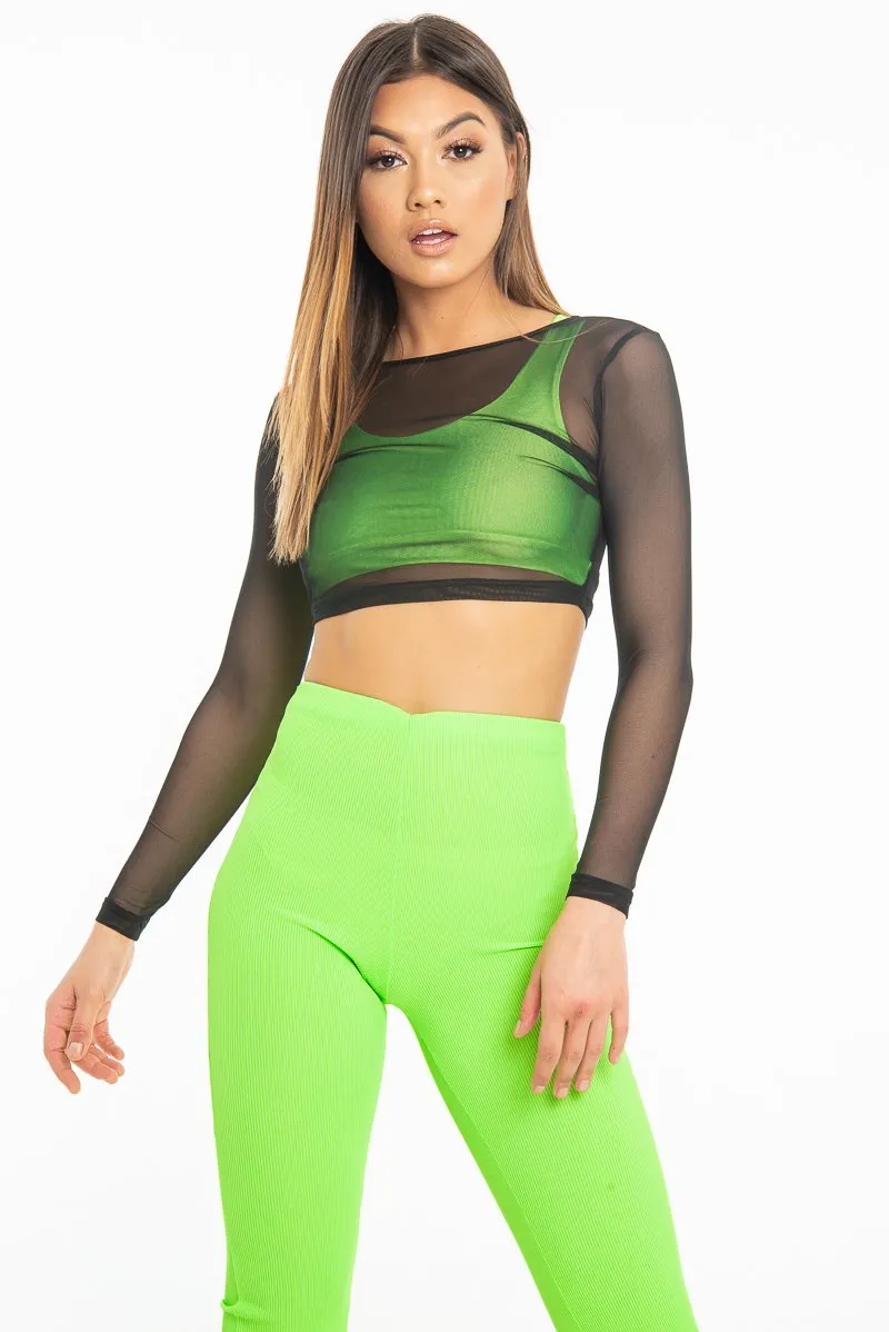 Black Mesh Long Sleeve Crop Top - Presley