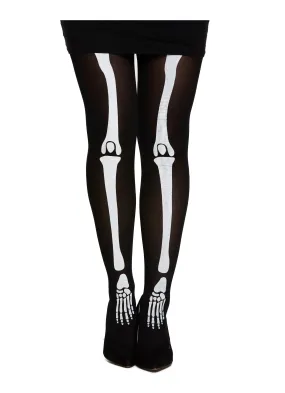 Black Skeleton Tights White Bone Print Ladies Girls Halloween Fancy Dress Pants