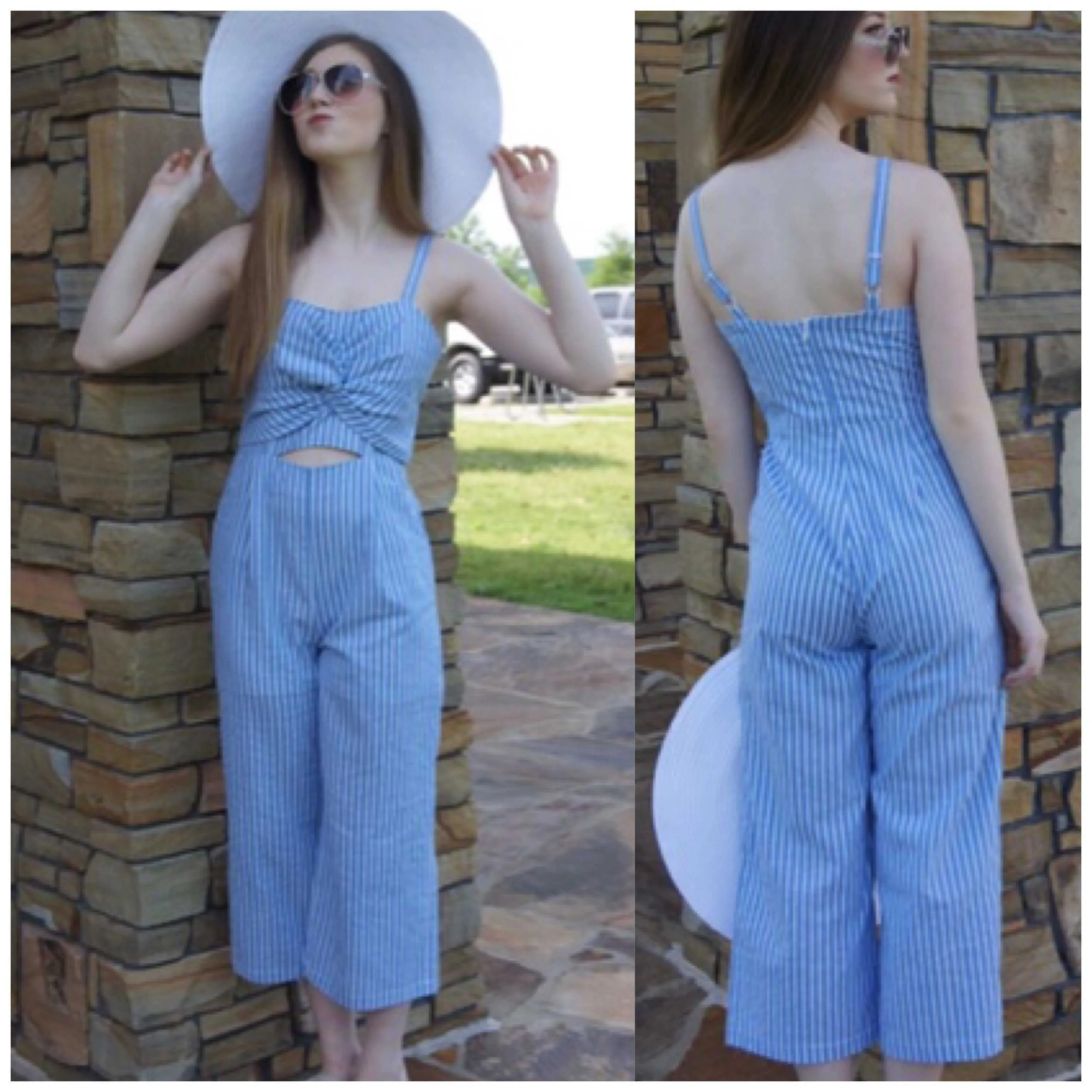 Blue And White Stripe Me Down Wide Legged JumpSuit