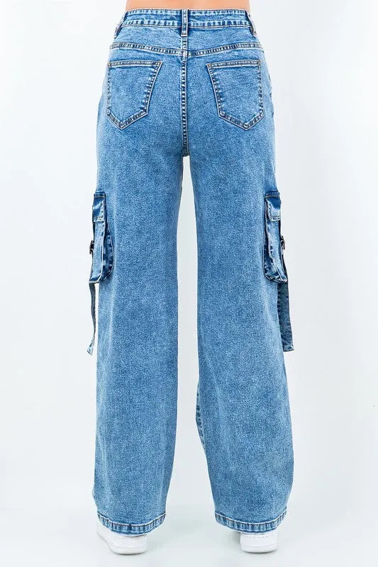 Blue Wash Straight Leg Cargo Jeans