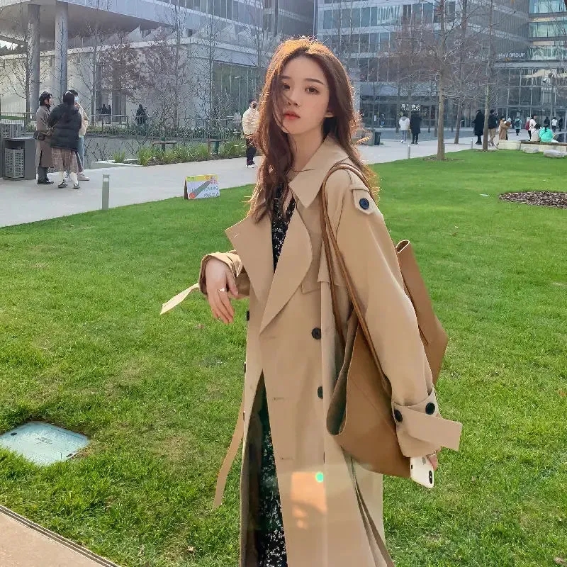 BonnyshowStreetwear Loose Trench Coat Midi Length Fashion Korean Elegant Khaki Black Women's Windbreaker Coat Casual Double Breasted Tops